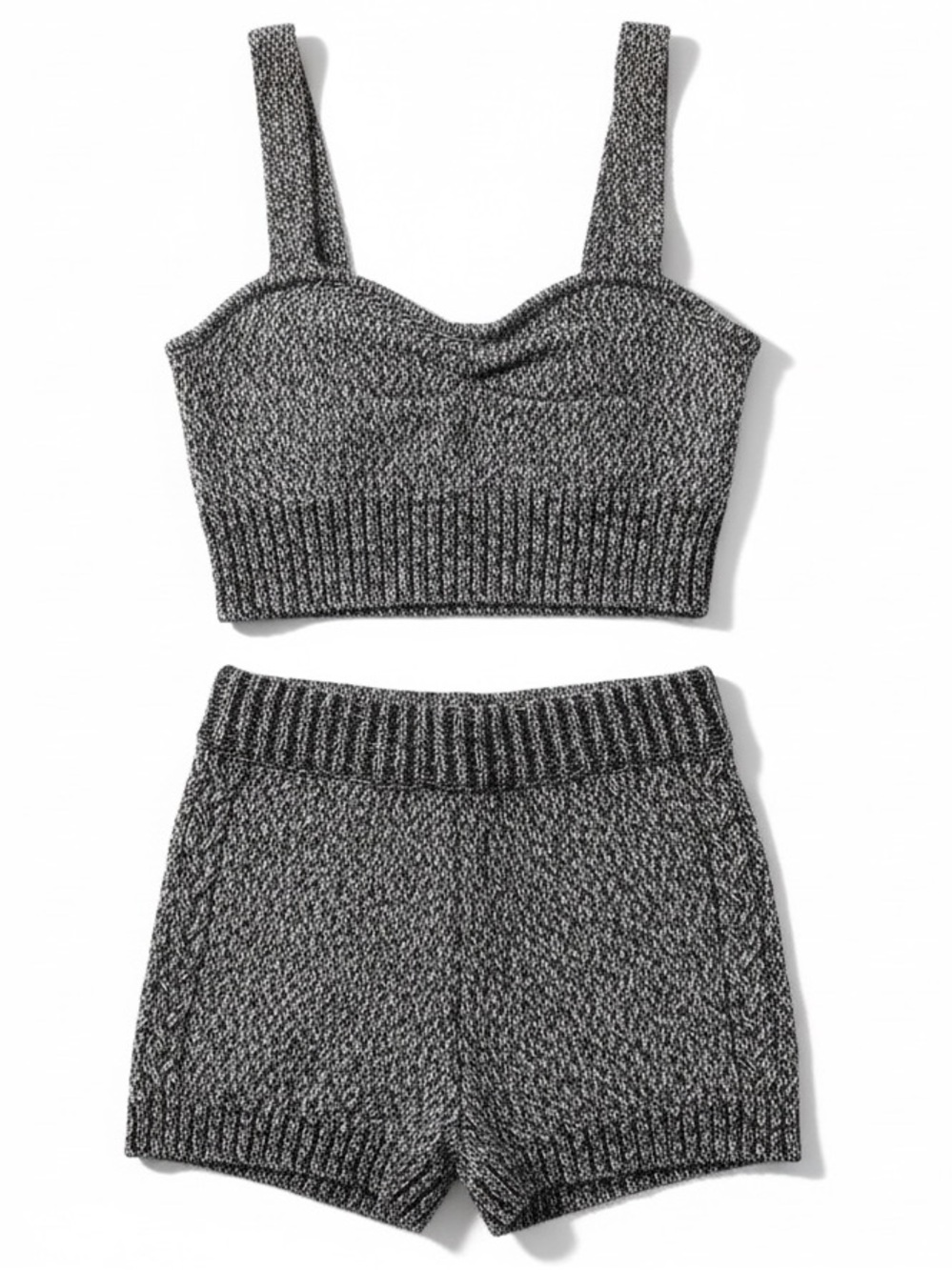 ZARA Knit Two Piece Set Small Black White Marled Lounge Set Crop Tank & Shorts